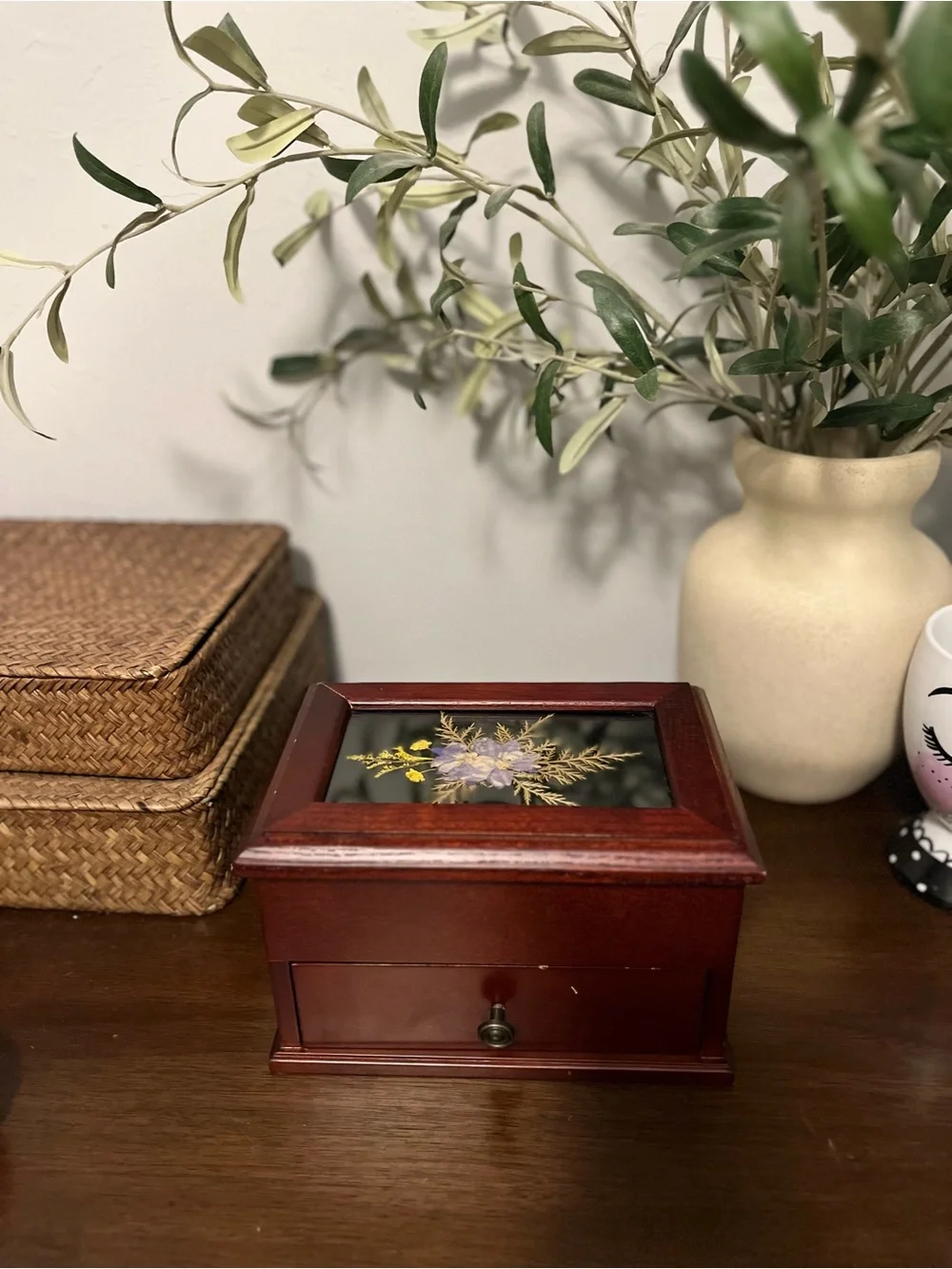 Croft and Barrow Jewelry Box with Floral Glass Inlay - Red Cherry